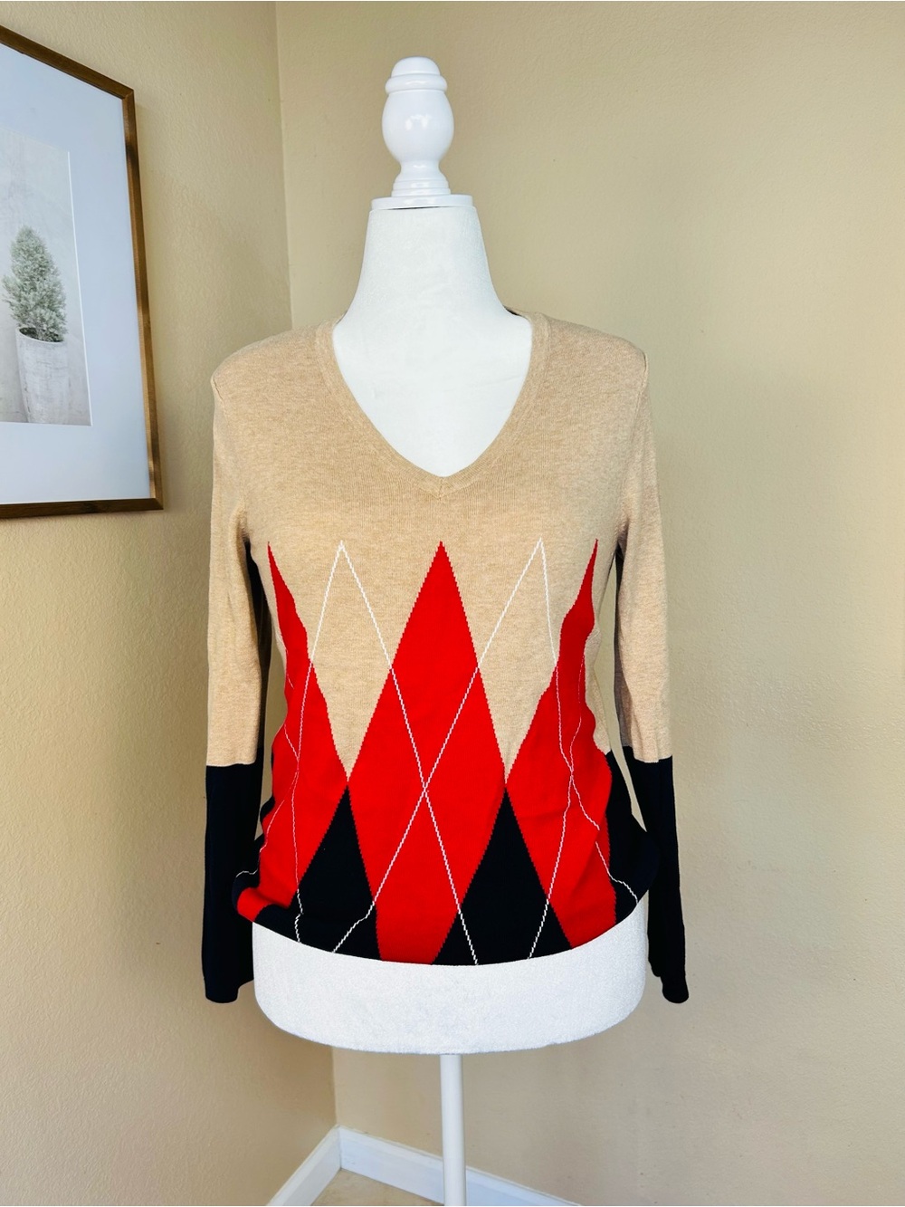 V-Neck Argyle Pattern Tommy Hilfiger Women’s Sweater - Beige and Red